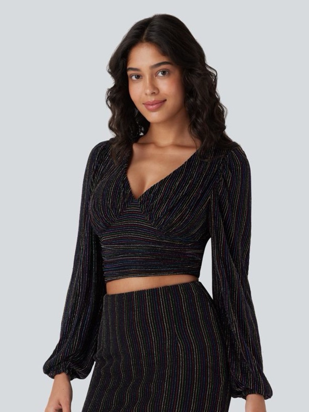 HALARA Black Cropped V-Neck Top with Multicolor Lurex Stripes size small